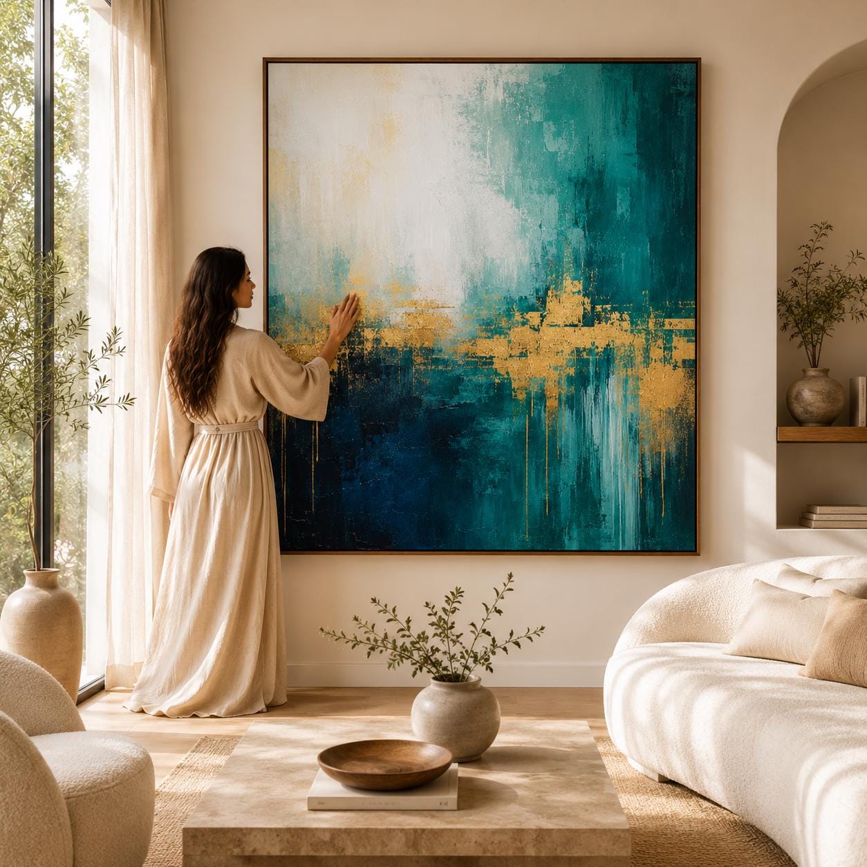 Luxurious Abstract Painting, Teal and Gold Texture Wall Art, Contemporary Canvas, Living Room Artwork, Minimalist Decor