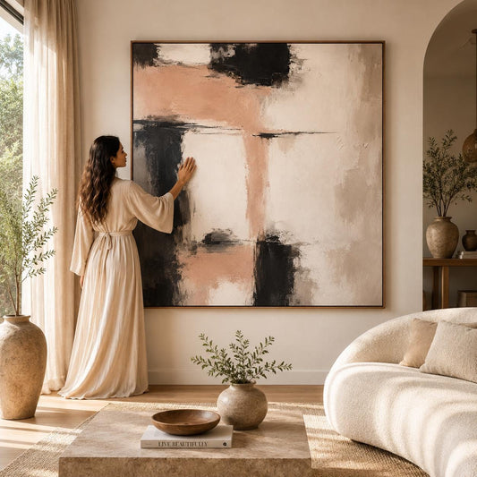 Handmade Textured Geometric Abstract Canvas, Peach Neutral Living Room Artwork