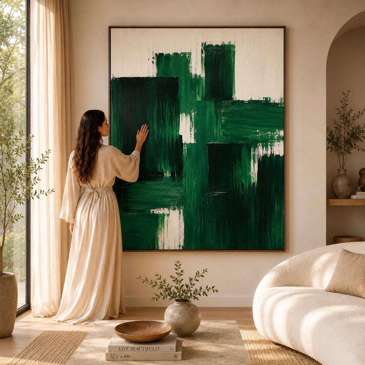 Textured Forest Green Geometric Abstract Canvas Art, Minimalist Living Room Painting