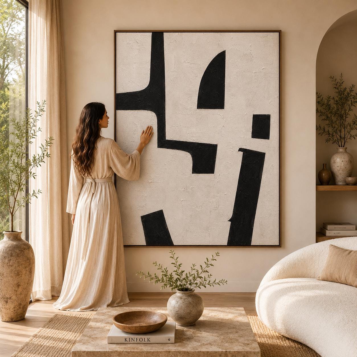 Handmade Textured Geometric Canvas Art, Black White Abstract Painting, Modern Living Room Decor