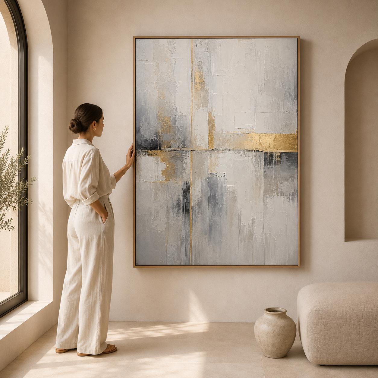 Sophisticated Geometric Painting, White Gold Textured Wall Art, Abstract Canvas, Living Room Artwork, Minimalist Decor