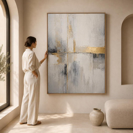 Sophisticated Geometric Painting, White Gold Textured Wall Art, Abstract Canvas, Living Room Artwork, Minimalist Decor