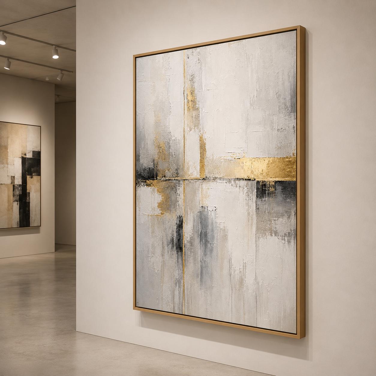 Sophisticated Geometric Painting, White Gold Textured Wall Art, Abstract Canvas, Living Room Artwork, Minimalist Decor