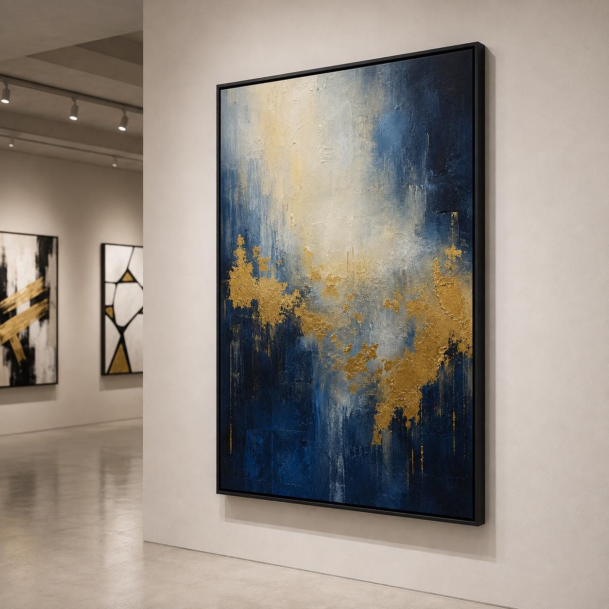 Serene Abstract Painting, Navy and Gold Textured Wall Art, Impasto Canvas, Living Room Artwork, Contemporary Decor