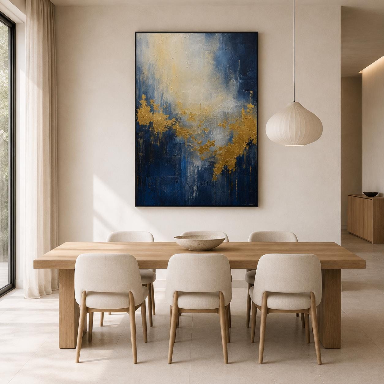 Serene Abstract Painting, Navy and Gold Textured Wall Art, Impasto Canvas, Living Room Artwork, Contemporary Decor