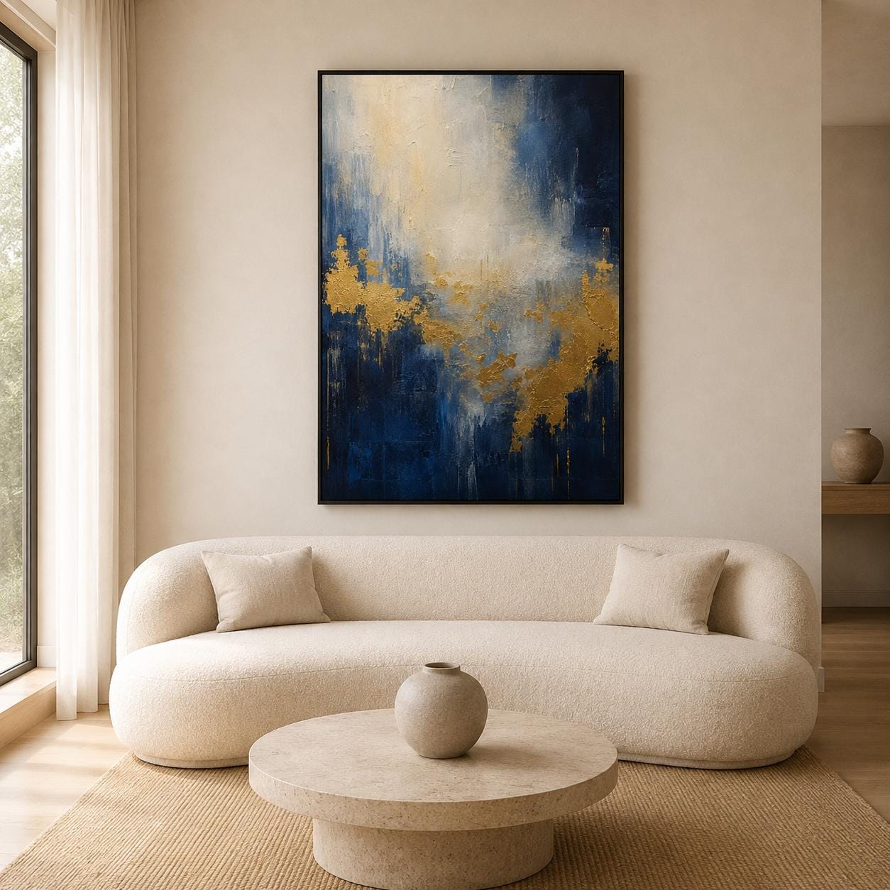 Serene Abstract Painting, Navy and Gold Textured Wall Art, Impasto Canvas, Living Room Artwork, Contemporary Decor