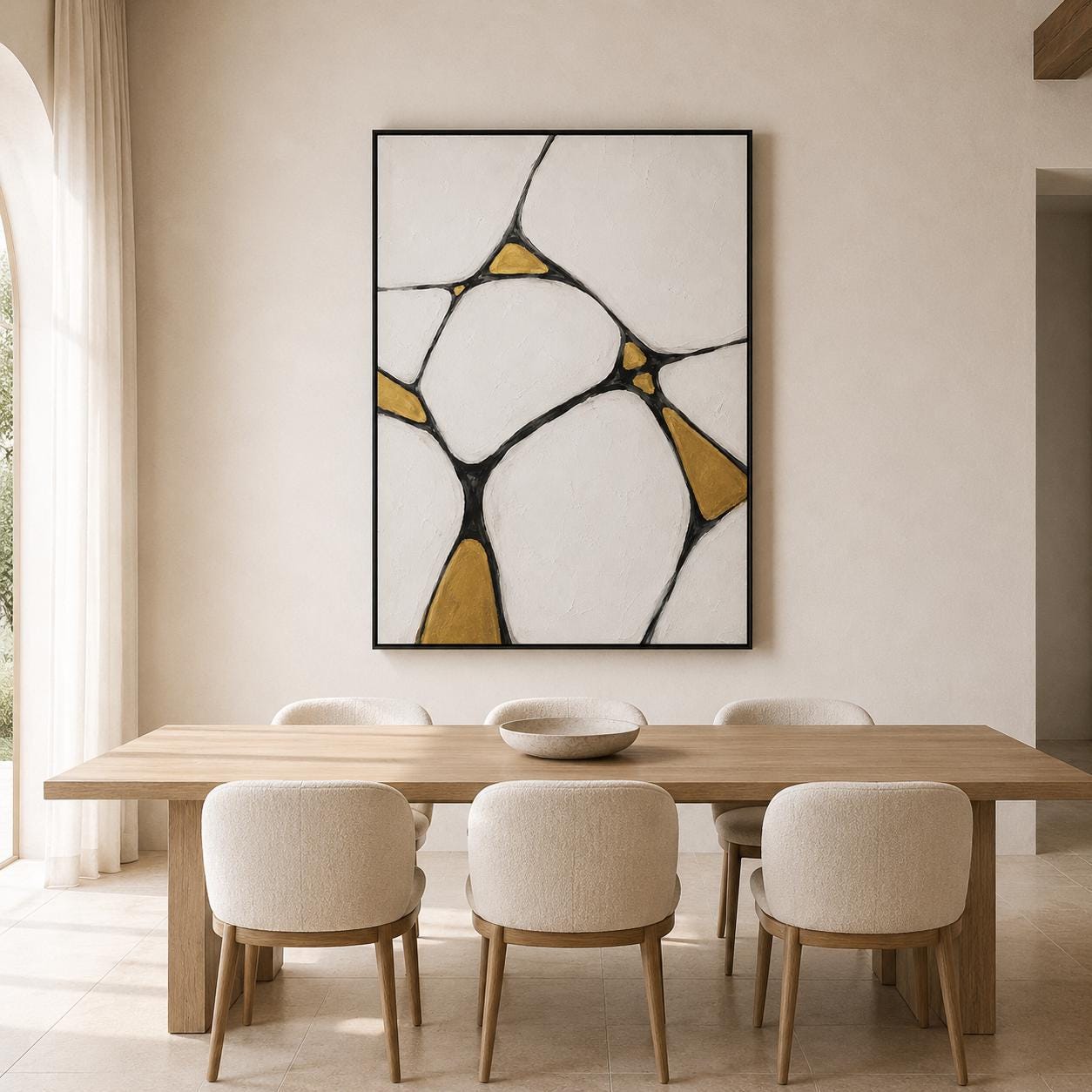 Textured Geometric Abstract Canvas Art, White Black Gold Ochre Modern Wall Decor
