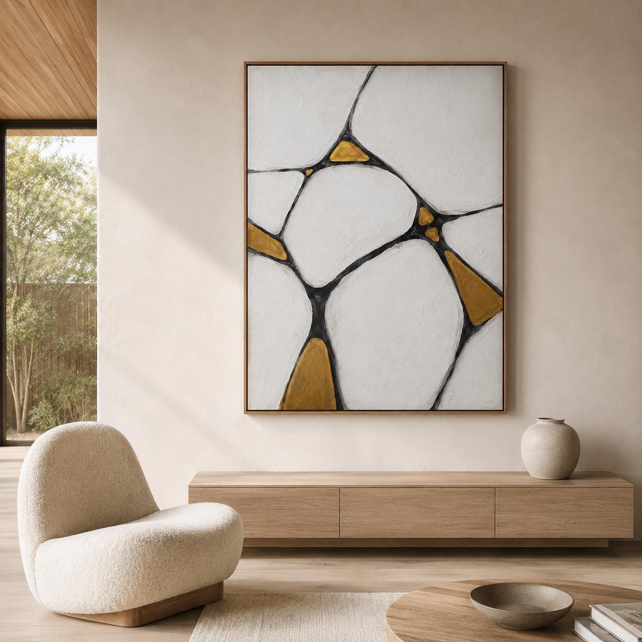 Textured Geometric Abstract Canvas Art, White Black Gold Ochre Modern Wall Decor