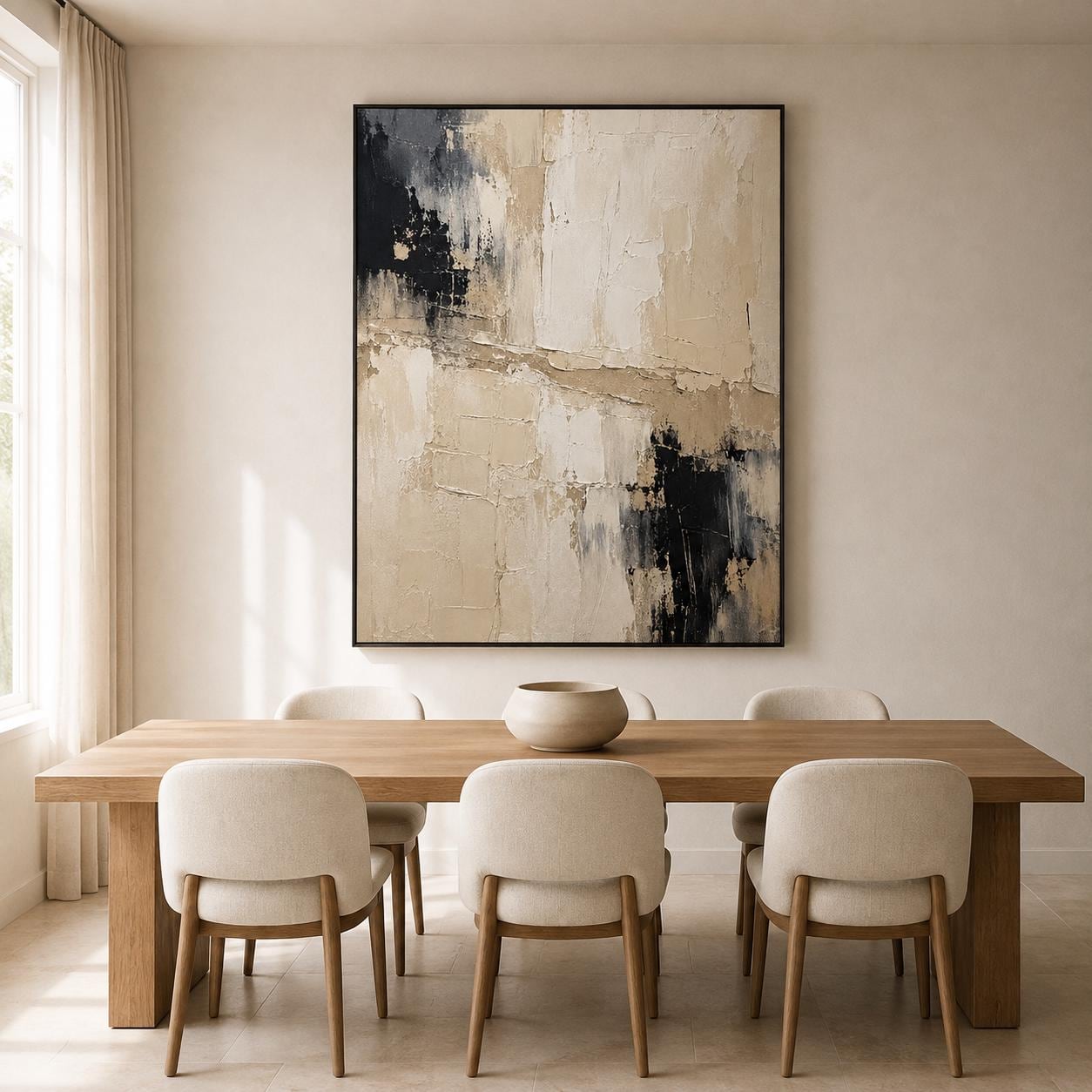 Textured Abstract Canvas Painting, Cream Beige Black Wall Art, Modern Decor