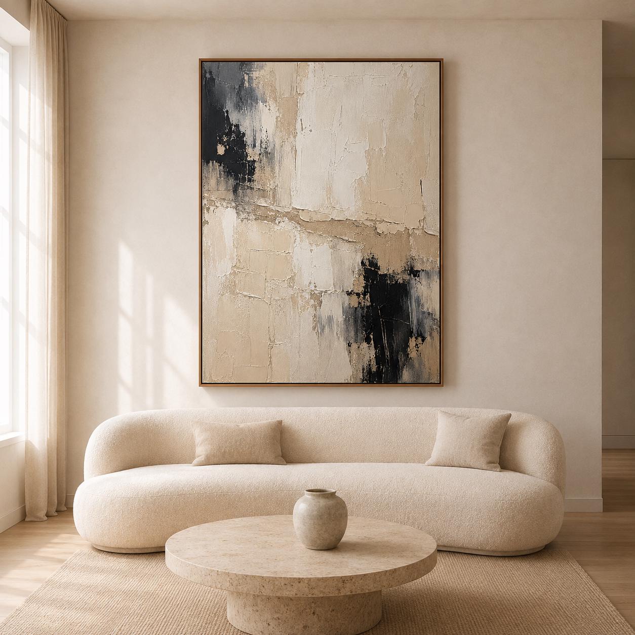 Textured Abstract Canvas Painting, Cream Beige Black Wall Art, Modern Decor