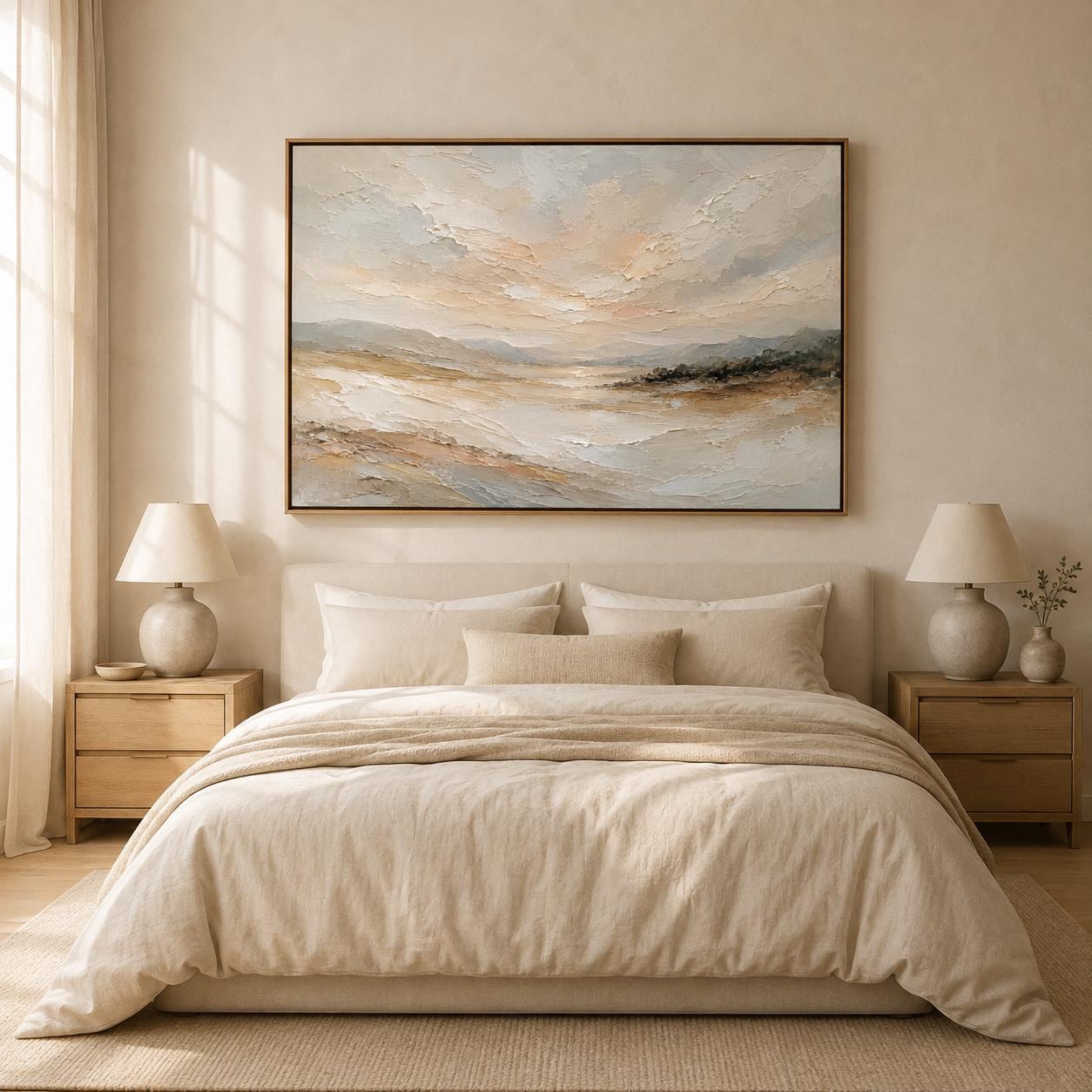Textured Impressionist Landscape Painting, Warm Ochre Wall Art, Farmhouse Canvas Home Decor