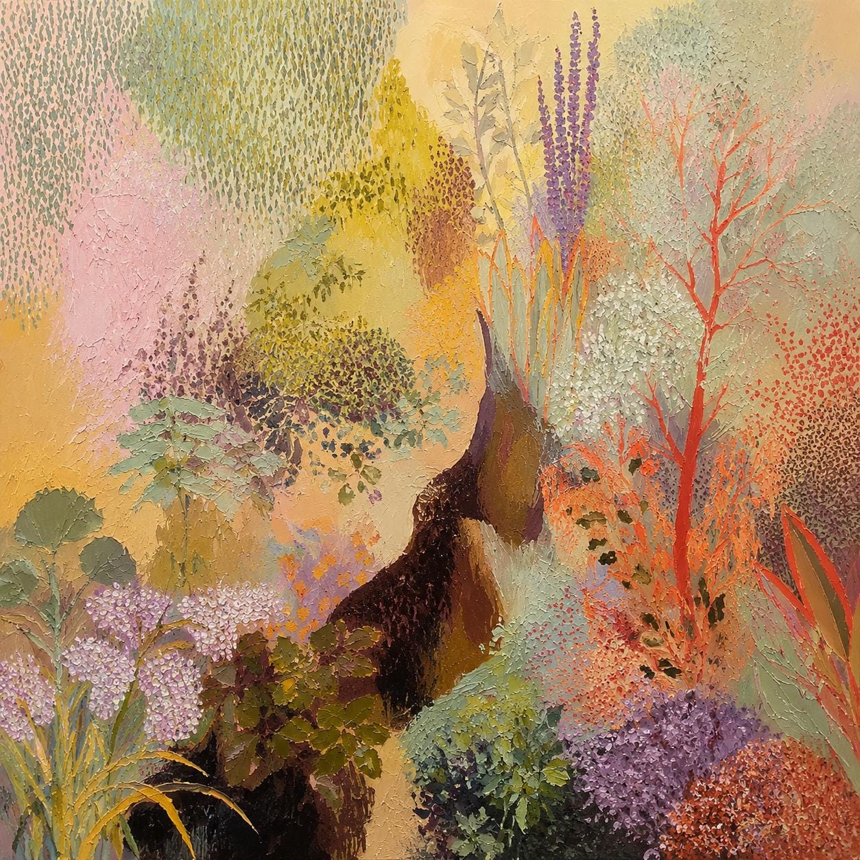Textured Botanical Landscape Painting, Pastel Pink Sage Impressionist Canvas Artwork