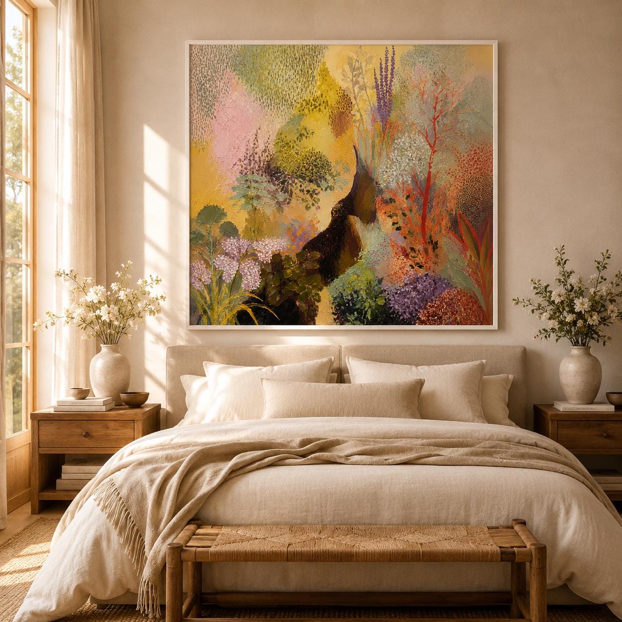 Textured Botanical Landscape Painting, Pastel Pink Sage Impressionist Canvas Artwork