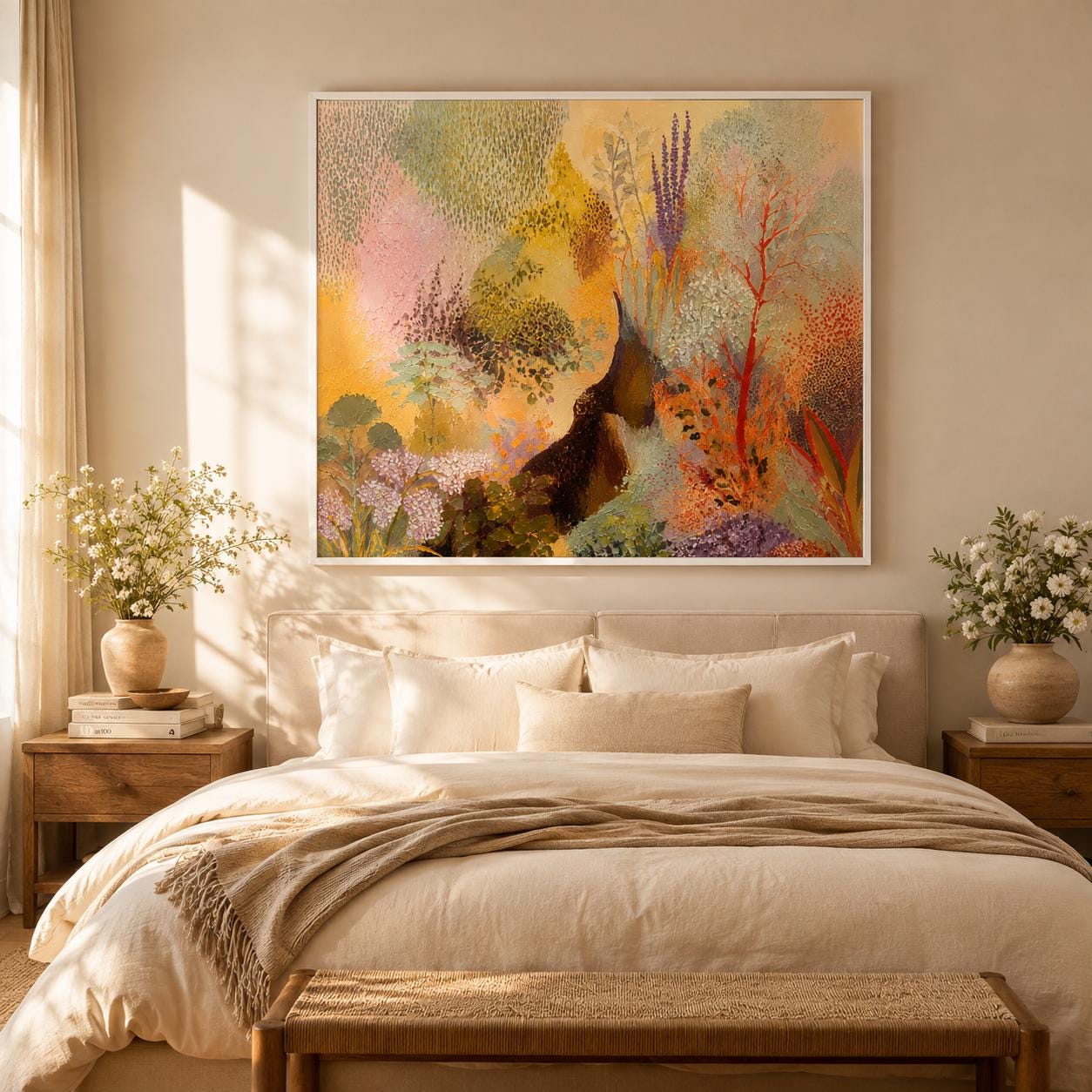 Textured Botanical Landscape Painting, Pastel Pink Sage Impressionist Canvas Artwork