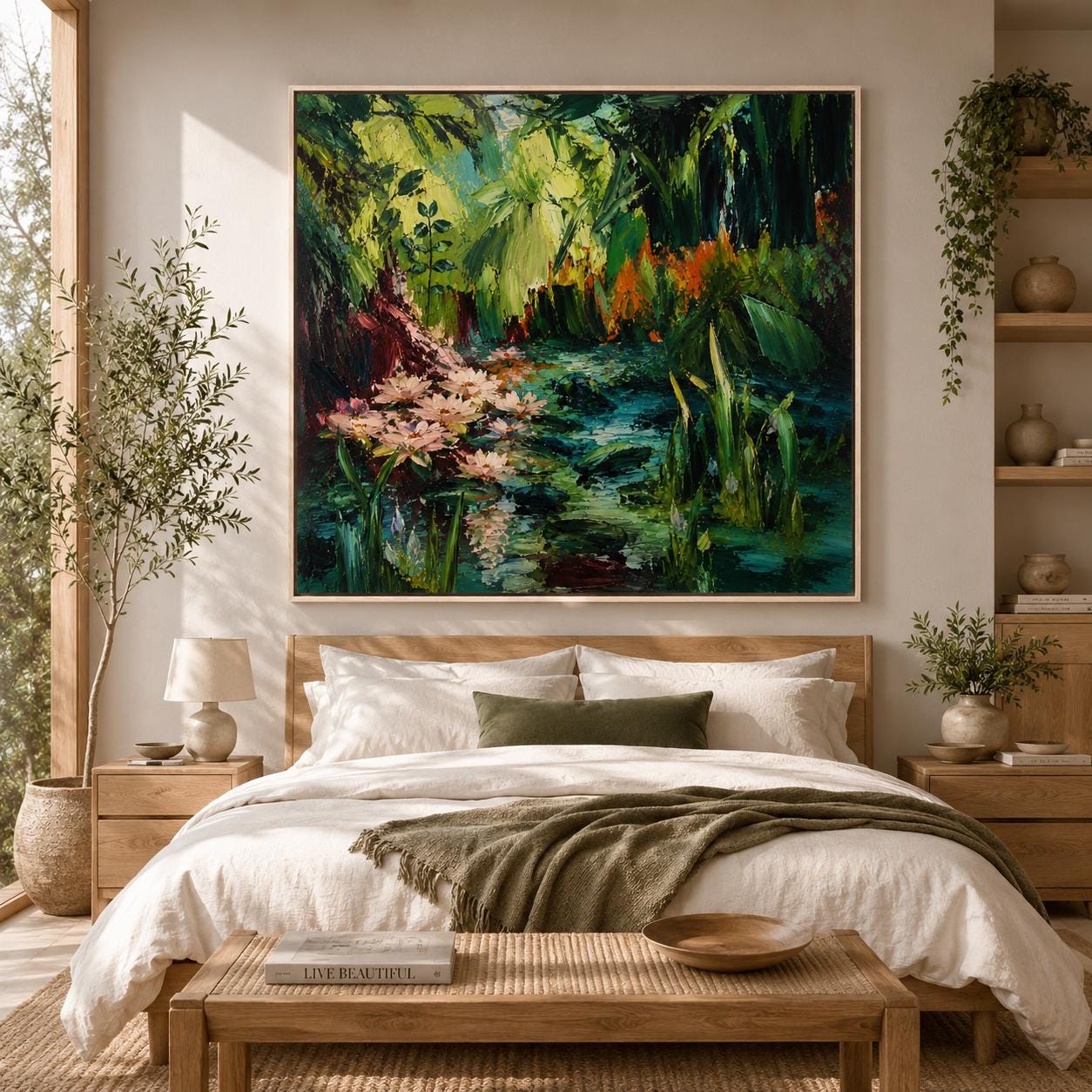 Serene Garden Painting, Emerald Maroon Wall Art, Impressionist Canvas, Living Room Artwork, Bohemian Decor