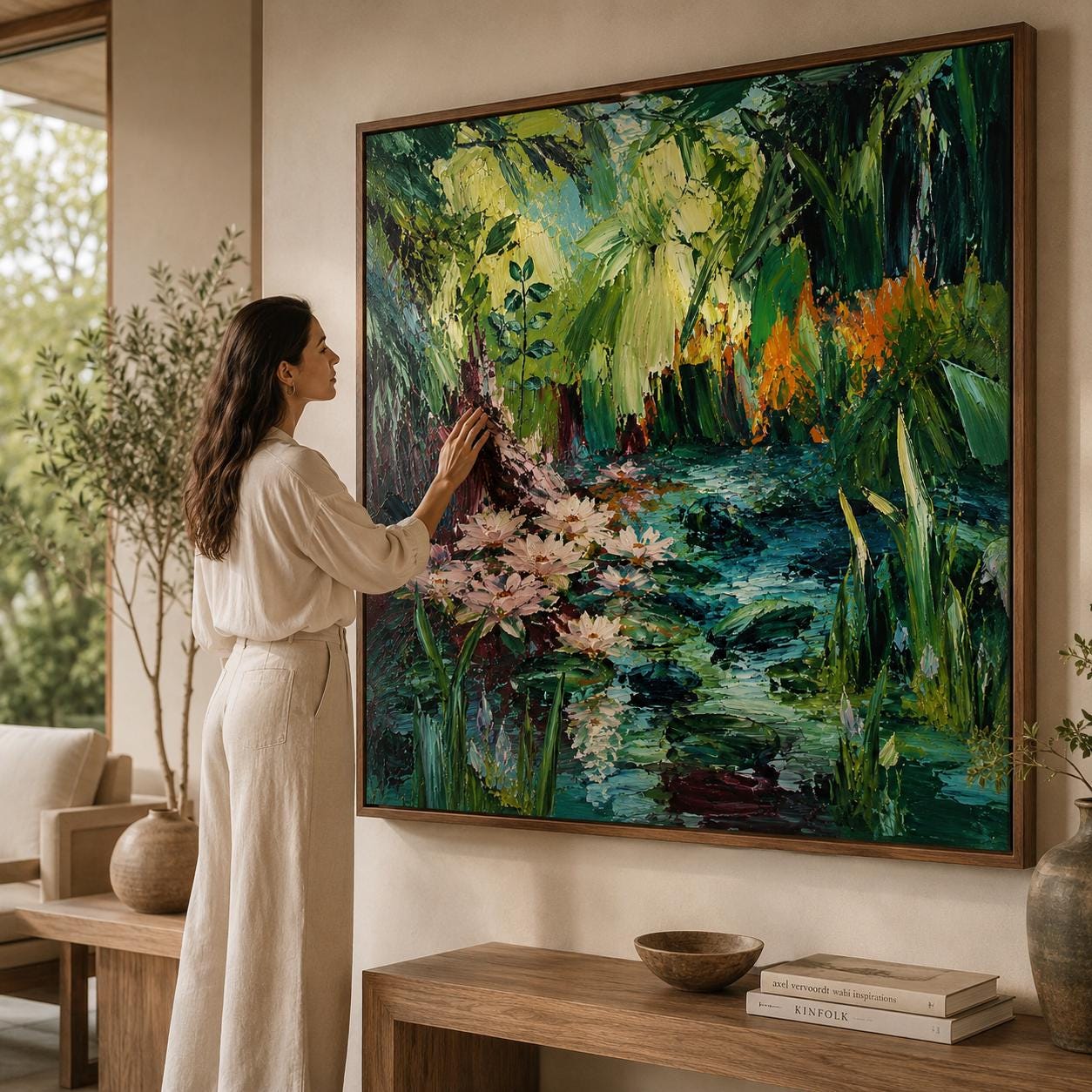 Serene Garden Painting, Emerald Maroon Wall Art, Impressionist Canvas, Living Room Artwork, Bohemian Decor
