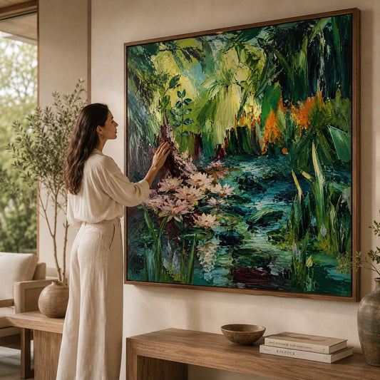 Serene Garden Painting, Emerald Maroon Wall Art, Impressionist Canvas, Living Room Artwork, Bohemian Decor