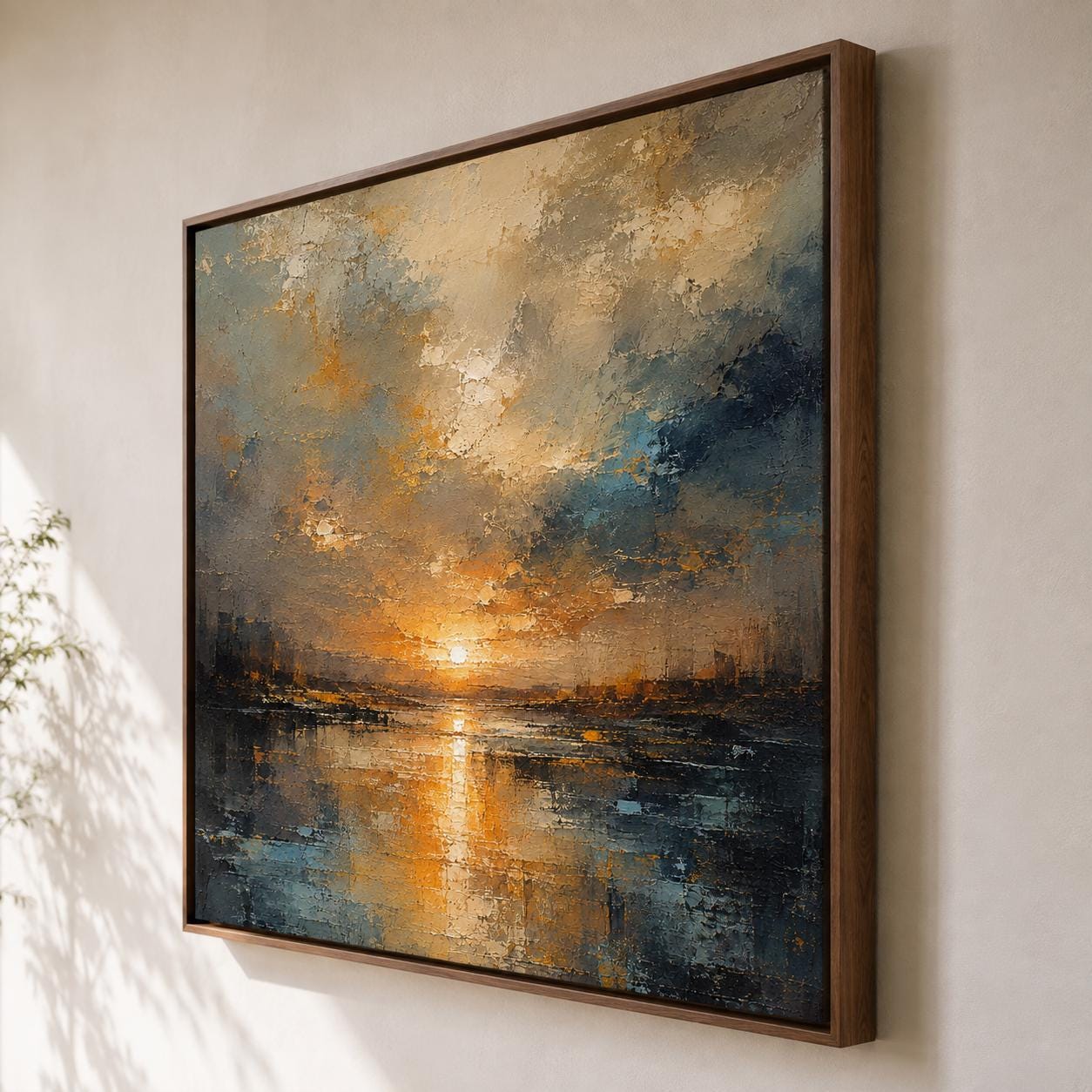 Abstract Impressionism Sunset Canvas, Textured Ochre Cobalt Wall Art
