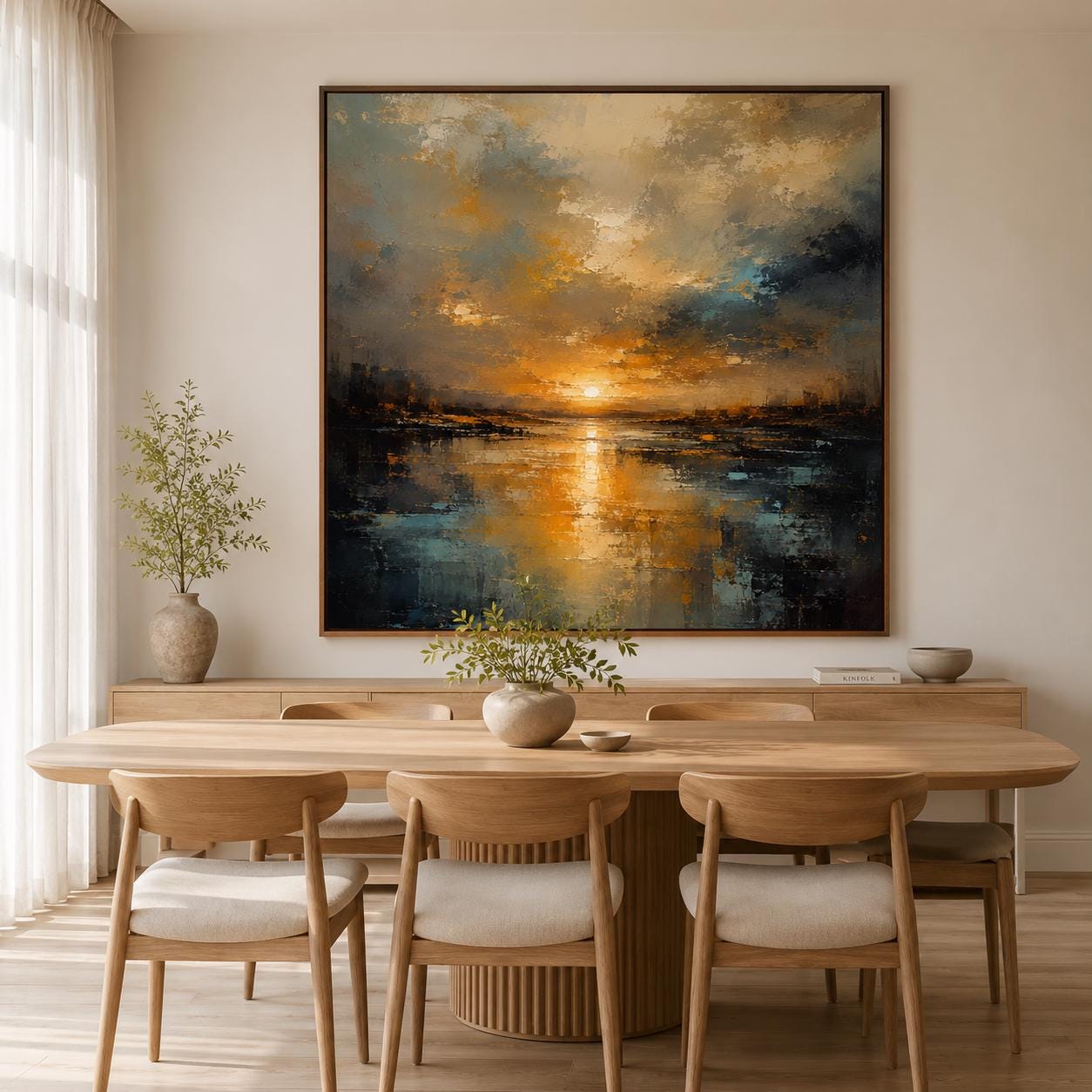 Abstract Impressionism Sunset Canvas, Textured Ochre Cobalt Wall Art