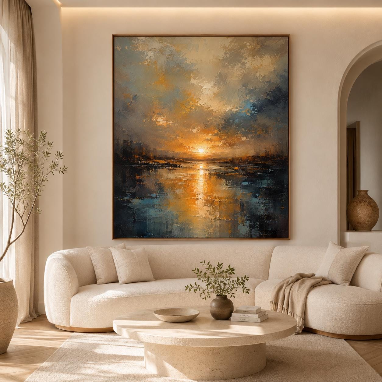 Abstract Impressionism Sunset Canvas, Textured Ochre Cobalt Wall Art