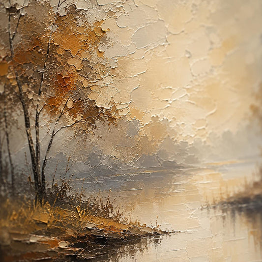 Impressionist River Landscape Painting, Warm Ochre Grey Canvas Art, Cottagecore Living Room Decor
