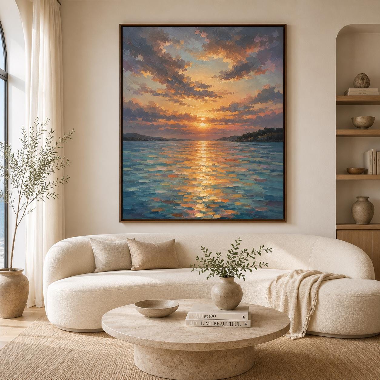Impressionist Sunset Sea Canvas Art, Textured Orange Coastal Wall Decor