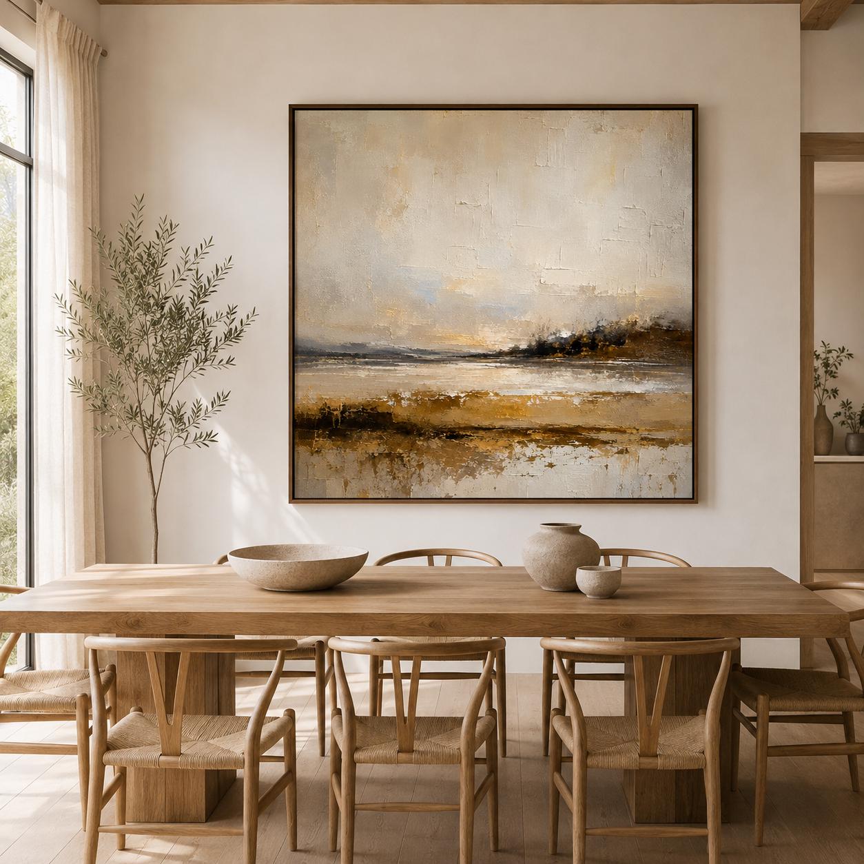 Textured Abstract Landscape Painting, Earthy Beige Impasto Canvas Art