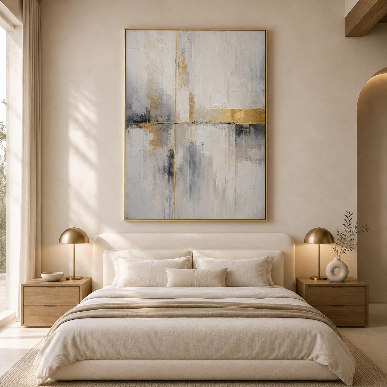 Sophisticated Geometric Painting, White Gold Textured Wall Art, Abstract Canvas, Living Room Artwork, Minimalist Decor
