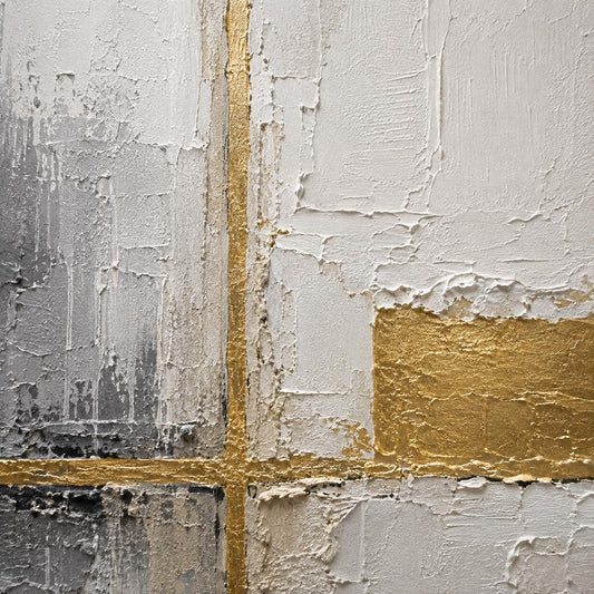 Sophisticated Geometric Painting, White Gold Textured Wall Art, Abstract Canvas, Living Room Artwork, Minimalist Decor
