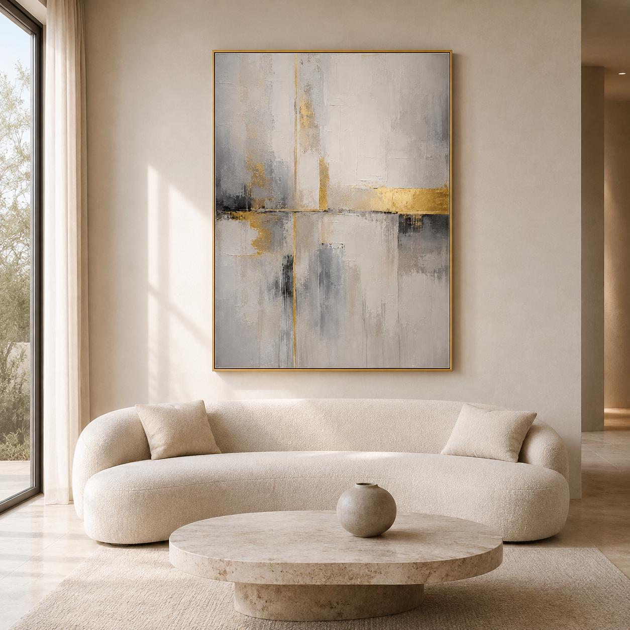 Sophisticated Geometric Painting, White Gold Textured Wall Art, Abstract Canvas, Living Room Artwork, Minimalist Decor