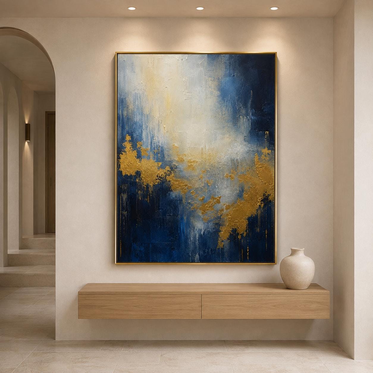 Serene Abstract Painting, Navy and Gold Textured Wall Art, Impasto Canvas, Living Room Artwork, Contemporary Decor