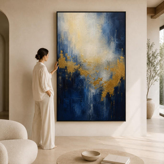 Serene Abstract Painting, Navy and Gold Textured Wall Art, Impasto Canvas, Living Room Artwork, Contemporary Decor