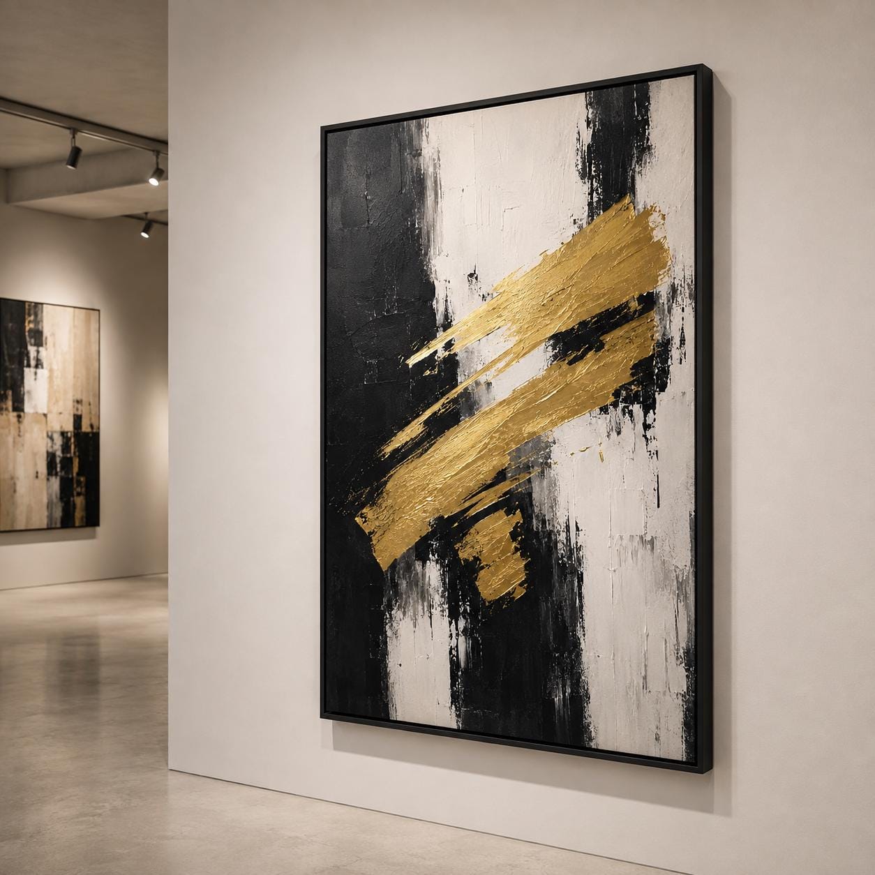 Bold Brushstroke Painting, Black Gold Textured Wall Art, Abstract Canvas, Living Room Artwork, Modern Decor