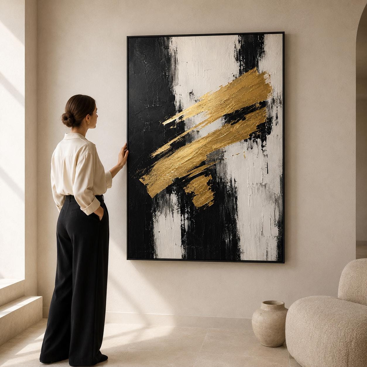 Bold Brushstroke Painting, Black Gold Textured Wall Art, Abstract Canvas, Living Room Artwork, Modern Decor
