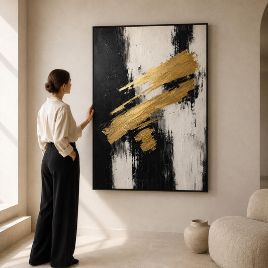 Bold Brushstroke Painting, Black Gold Textured Wall Art, Abstract Canvas, Living Room Artwork, Modern Decor