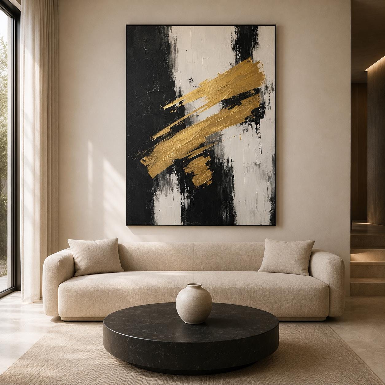 Bold Brushstroke Painting, Black Gold Textured Wall Art, Abstract Canvas, Living Room Artwork, Modern Decor