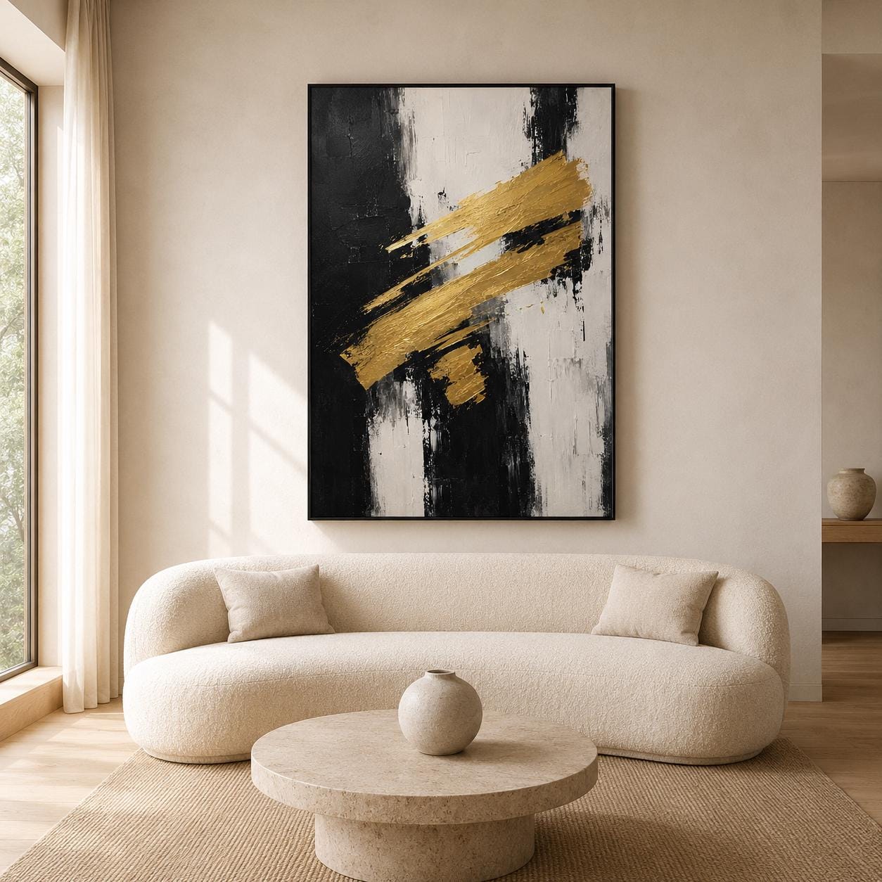 Bold Brushstroke Painting, Black Gold Textured Wall Art, Abstract Canvas, Living Room Artwork, Modern Decor