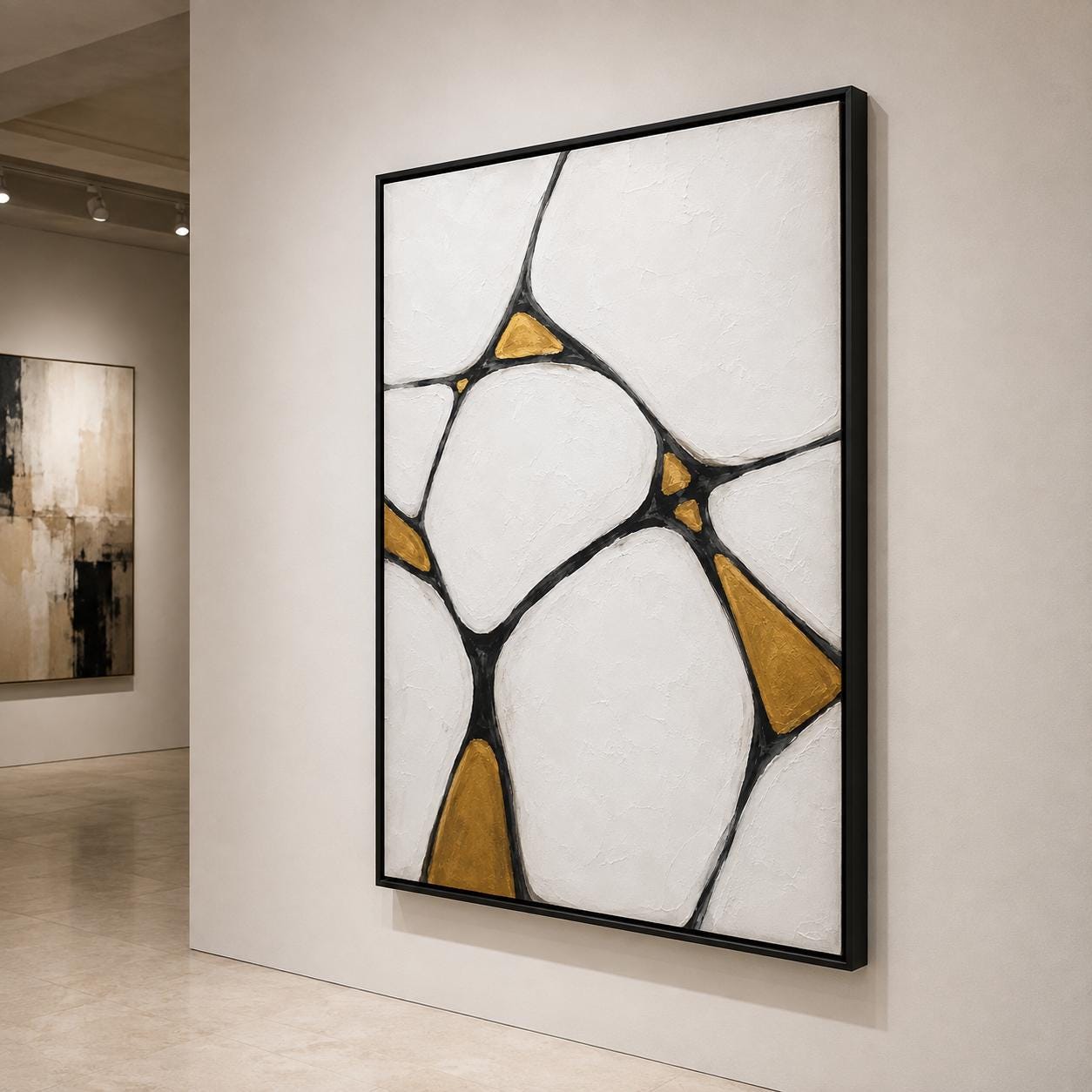 Textured Geometric Abstract Canvas Art, White Black Gold Ochre Modern Wall Decor