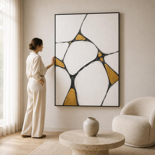 Textured Geometric Abstract Canvas Art, White Black Gold Ochre Modern Wall Decor