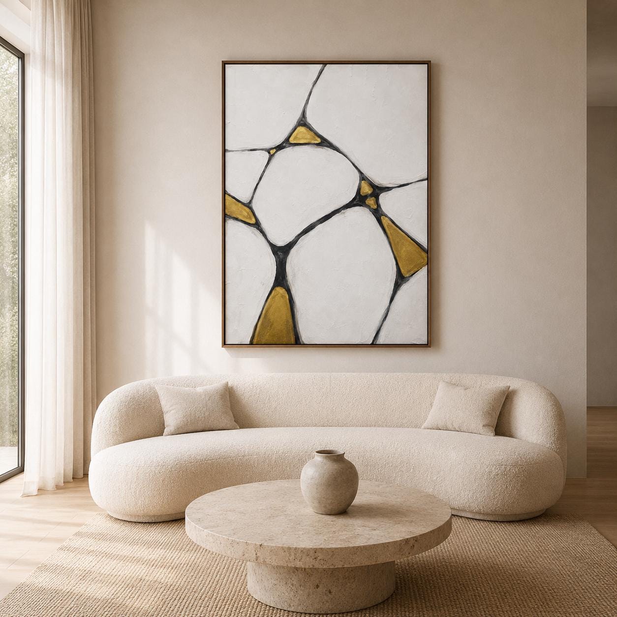 Textured Geometric Abstract Canvas Art, White Black Gold Ochre Modern Wall Decor