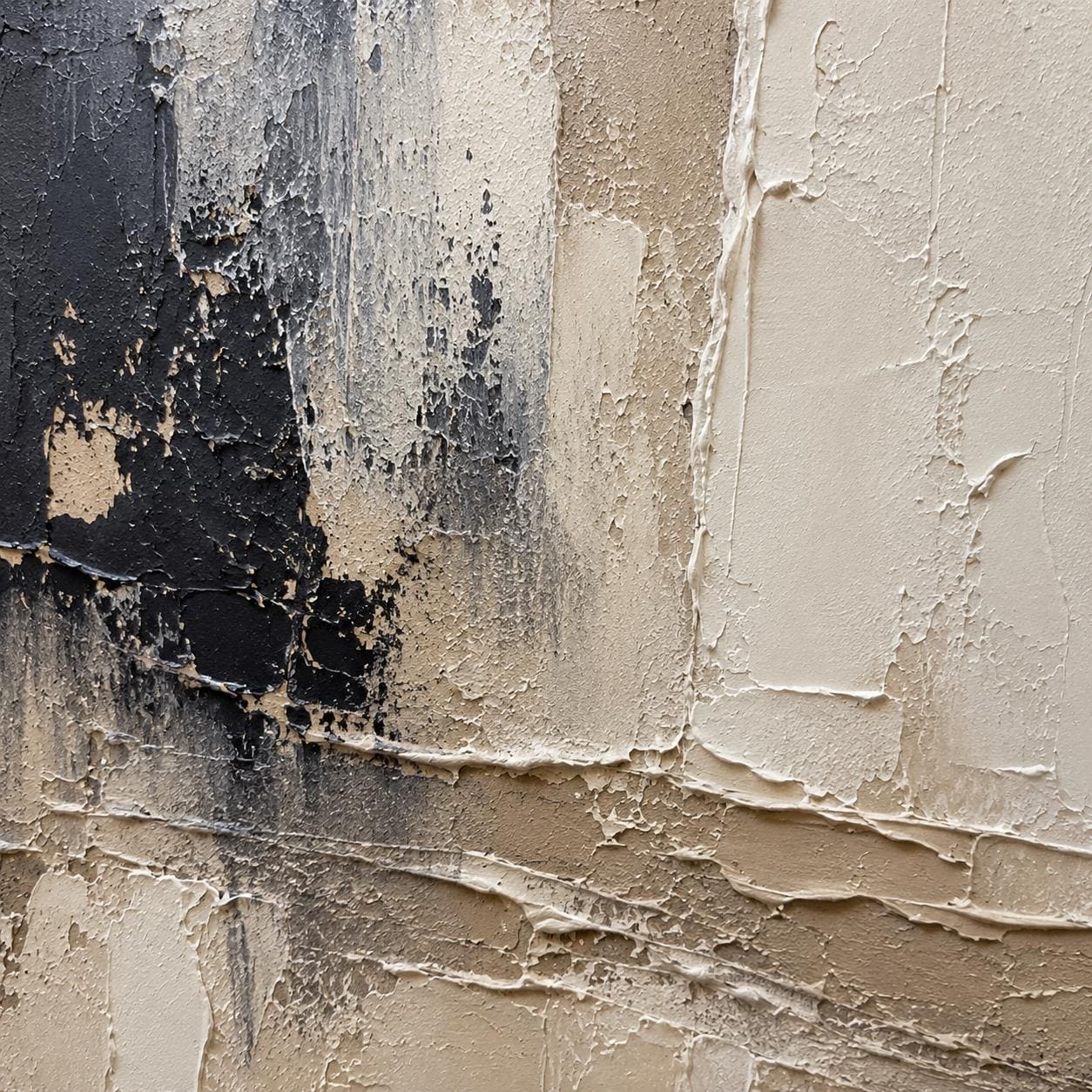 Textured Abstract Canvas Painting, Cream Beige Black Wall Art, Modern Decor
