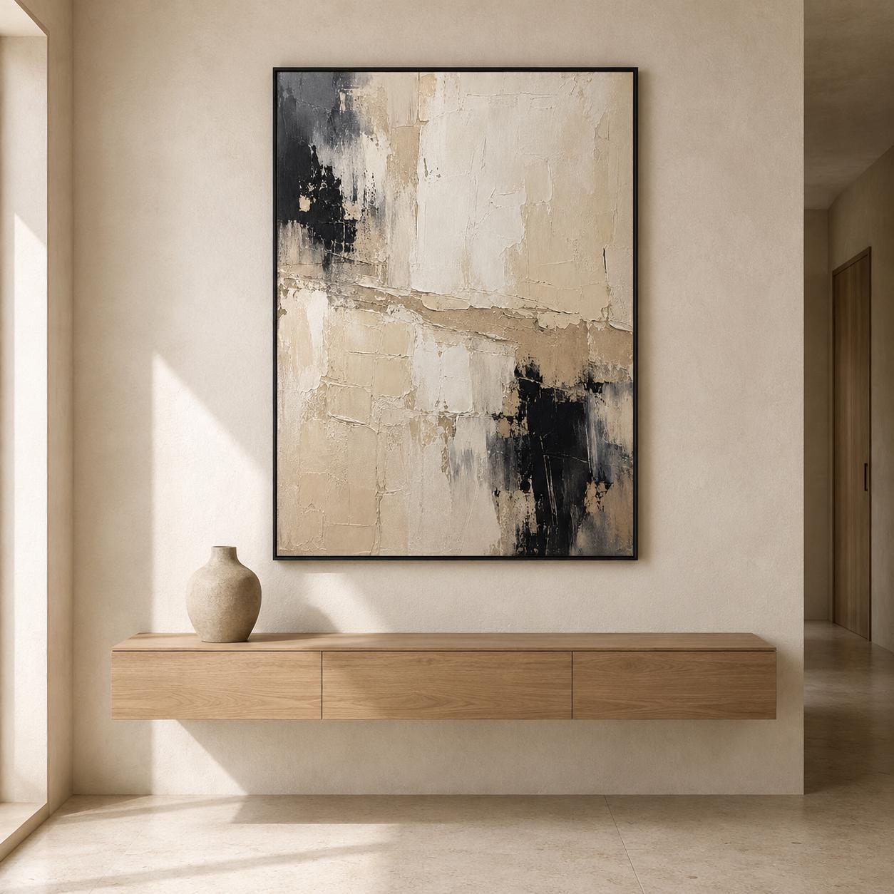 Textured Abstract Canvas Painting, Cream Beige Black Wall Art, Modern Decor