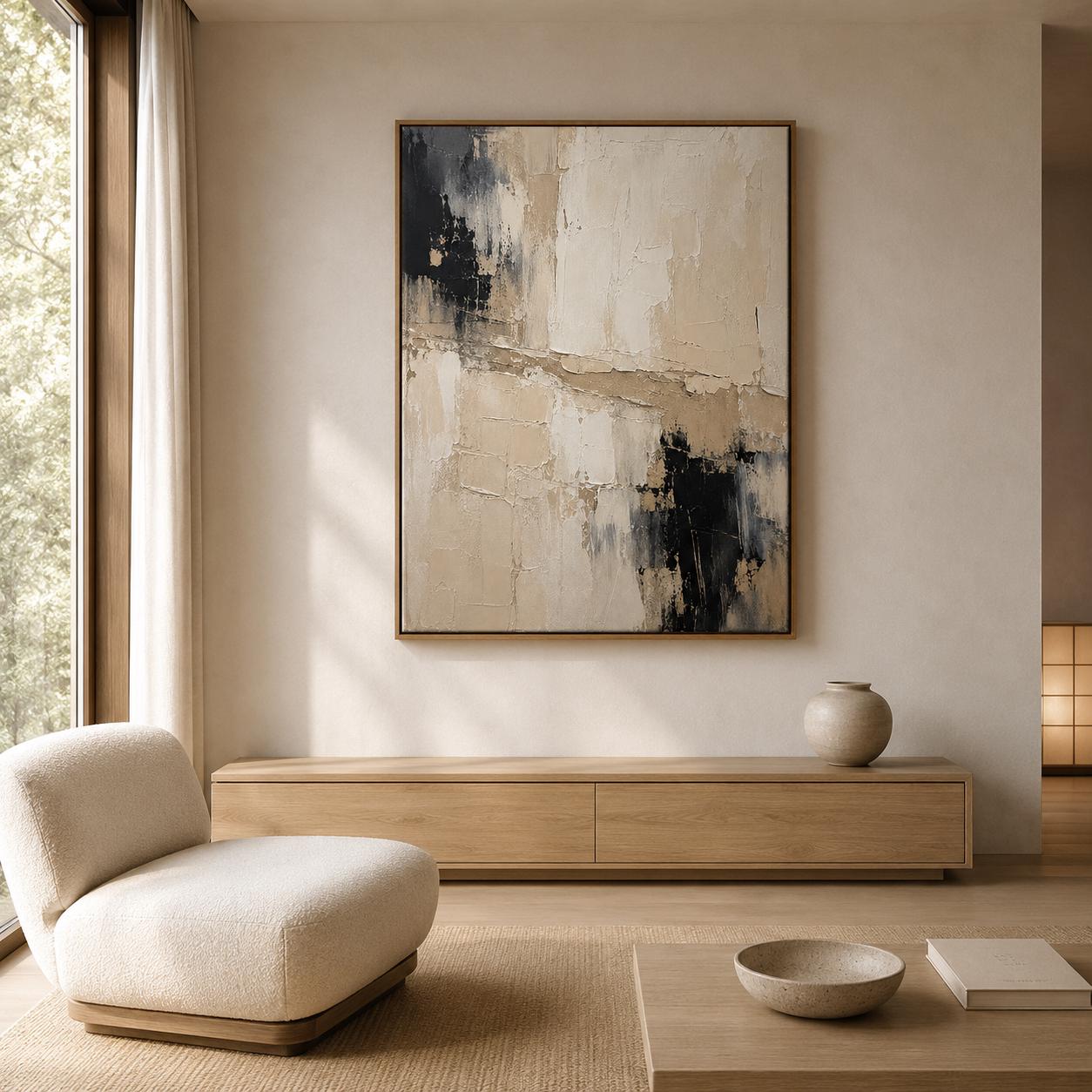 Textured Abstract Canvas Painting, Cream Beige Black Wall Art, Modern Decor