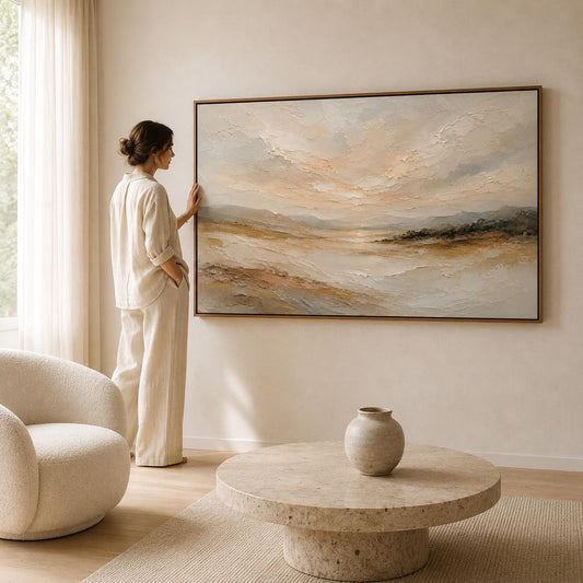 Textured Impressionist Landscape Painting, Warm Ochre Wall Art, Farmhouse Canvas Home Decor