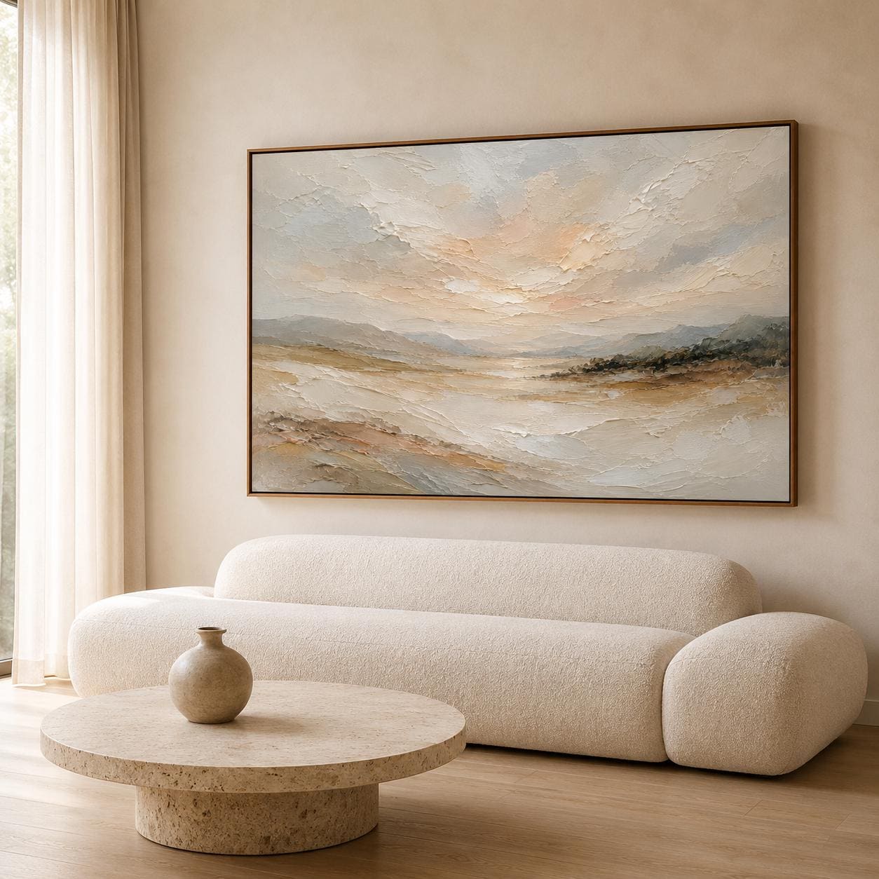 Textured Impressionist Landscape Painting, Warm Ochre Wall Art, Farmhouse Canvas Home Decor