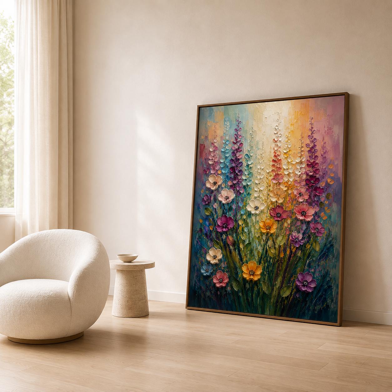 Textured Floral Painting, Impressionist Pastel Canvas Art, Bohemian Wall Decor