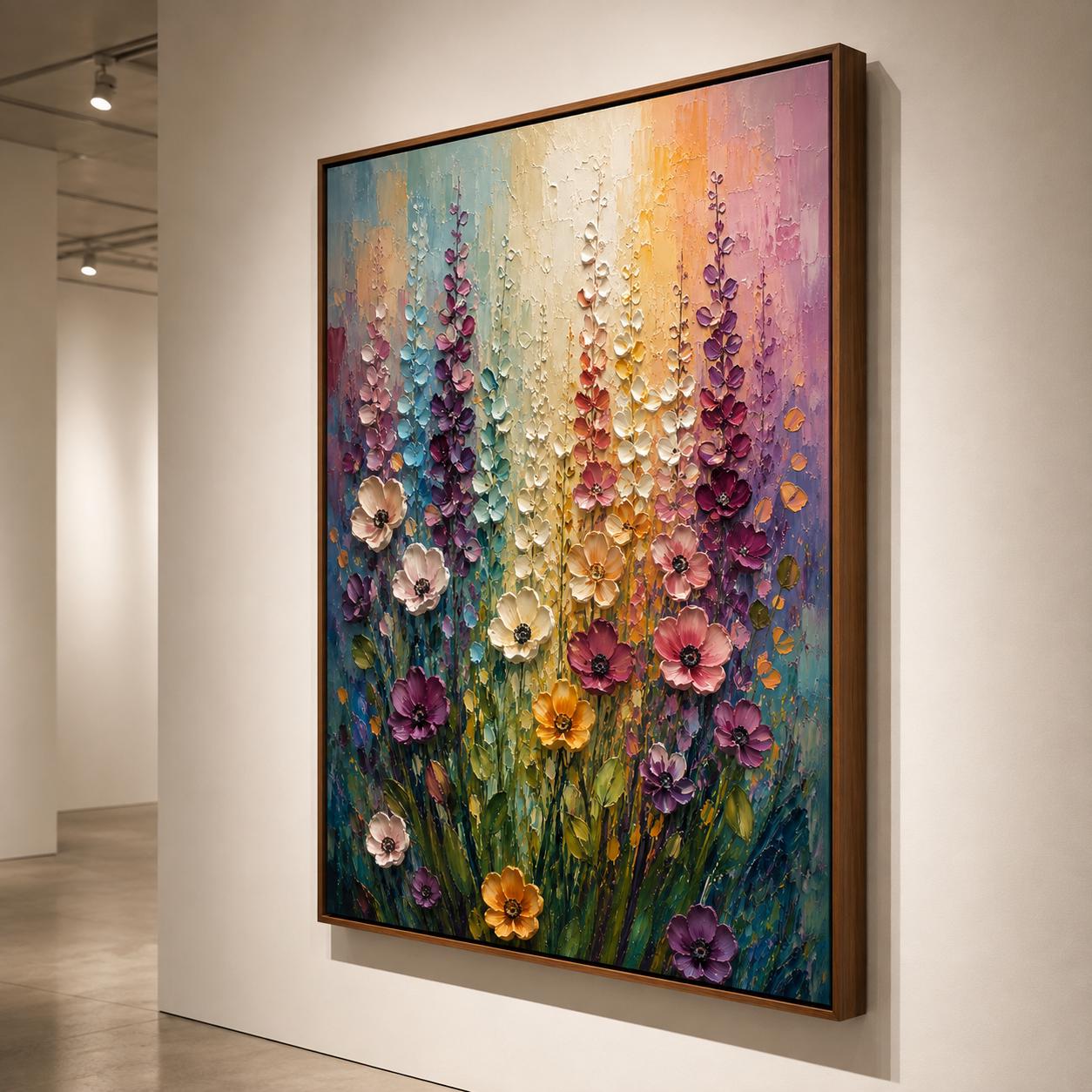 Textured Floral Painting, Impressionist Pastel Canvas Art, Bohemian Wall Decor