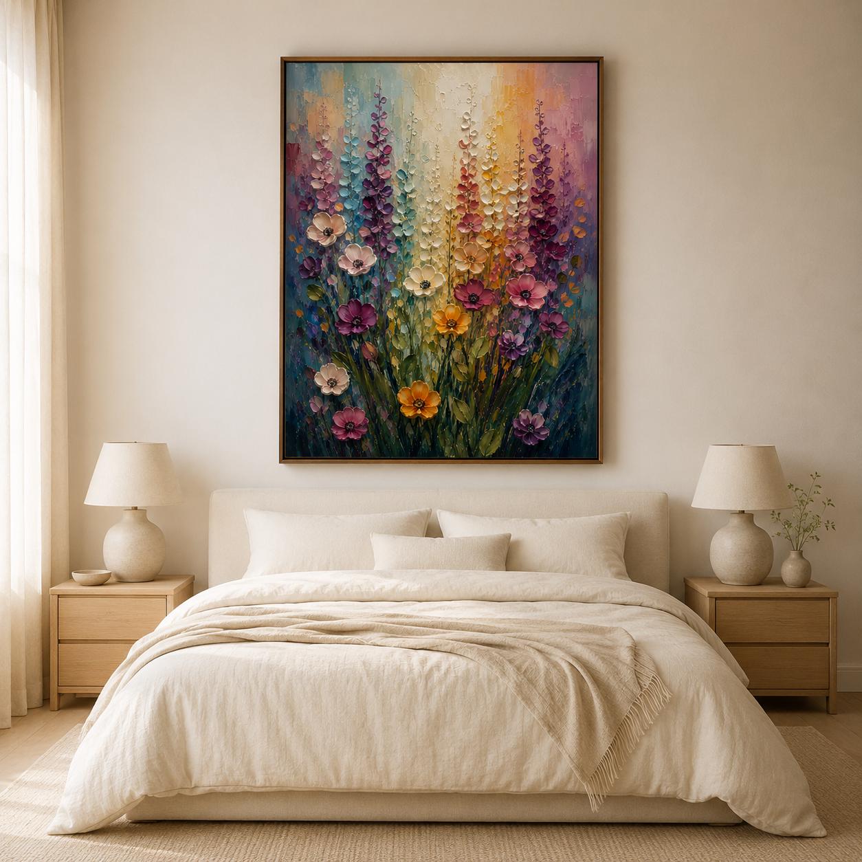 Textured Floral Painting, Impressionist Pastel Canvas Art, Bohemian Wall Decor