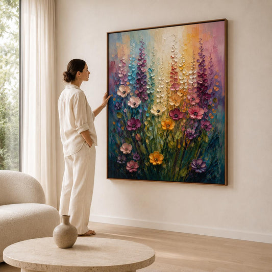 Textured Floral Painting, Impressionist Pastel Canvas Art, Bohemian Wall Decor