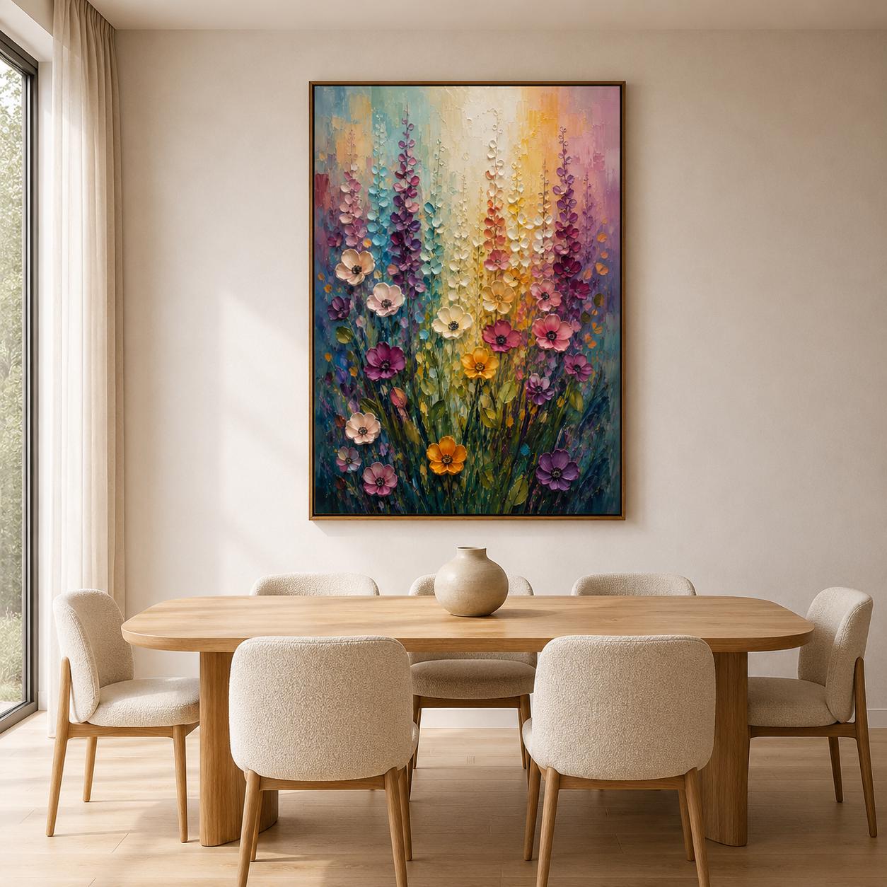 Textured Floral Painting, Impressionist Pastel Canvas Art, Bohemian Wall Decor